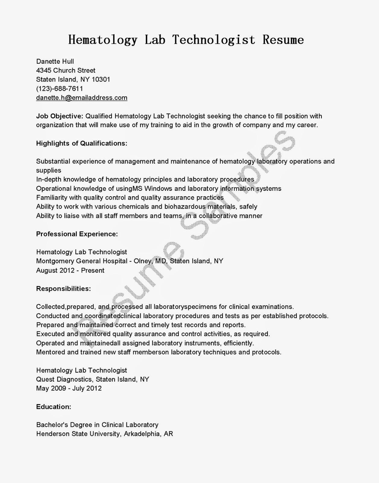 Resume for a laboratory technician